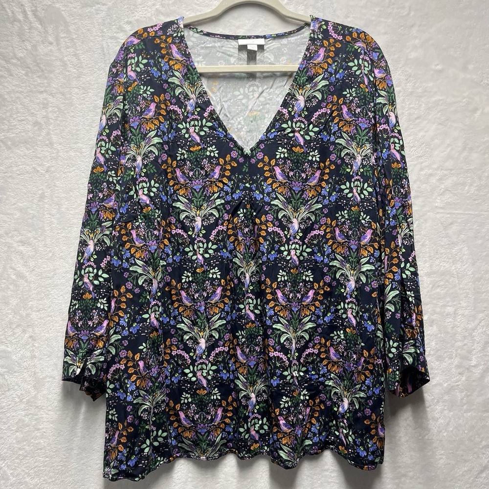 J Jill Vneck 3/4 Sleeve Floral Top Womens 3X Casual Garden Birds Artsy Blouse